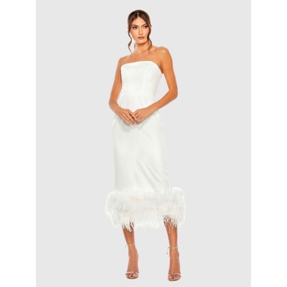 Mac Duggal White Strapless Midi Dress with Feather Hem